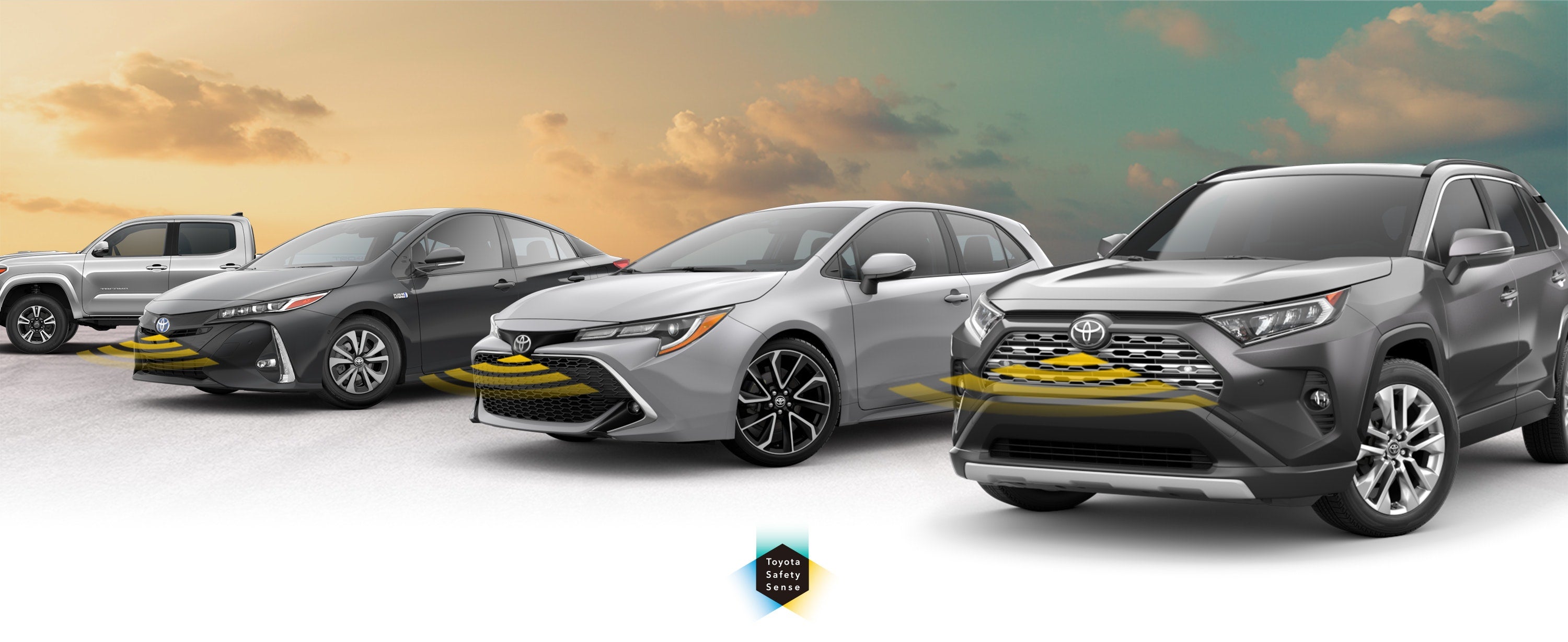 Toyota Safety Sense: Designed for Safety. Options shown on Toyota models including RAV4, Tacoma, and Camry, available now at Toyota of Clermont in Clermont FL.